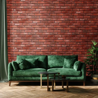 Aranżacja Salon z Modną Ścianą z Czerwonymi Cegłami